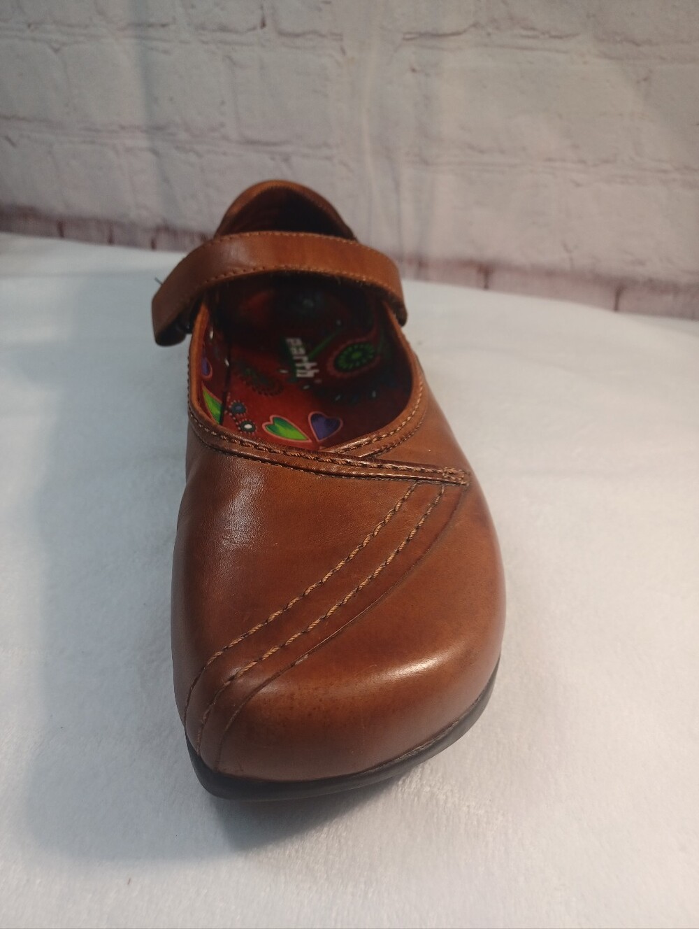 earth leather mary jane brown colorful printed footbed retro comfort shoes Sz 8 - Picture 10 of 15